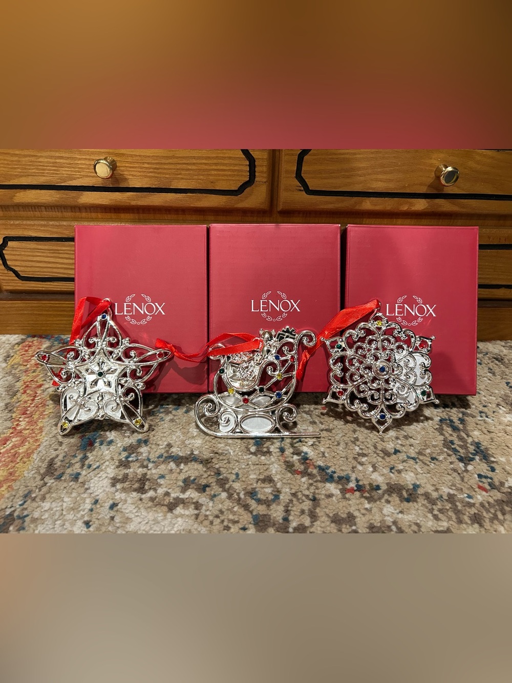 Bundle 3 Lenox Silver Ornament with Red Ribbon and Multicolor Gems